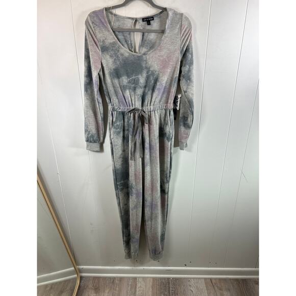 AS U WISH Women’s Gray Tie Dye Scoop Neck Long Sleeve Drawstring Casual Jumpsuit - Picture 2 of 5